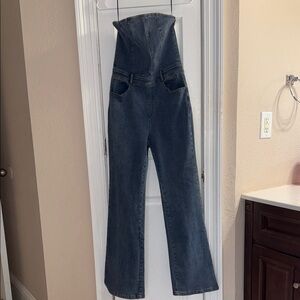 Strapless Denim Jumpsuit with Flared Legs